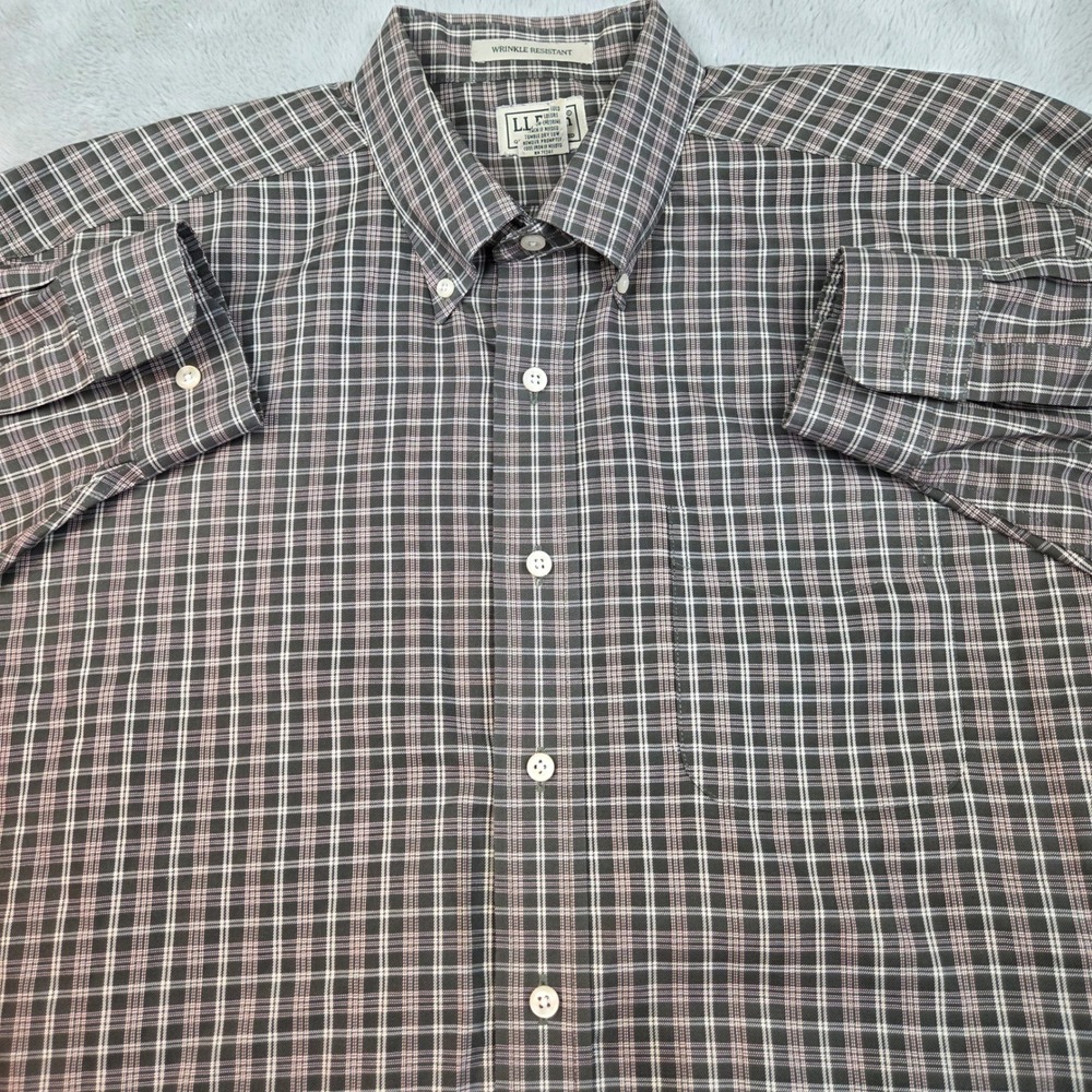 L.L. Bean Button Front Mens XL-REG Plaid Wrinkle Resistant Grey 100% Cotton